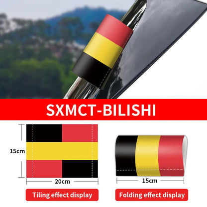 Car handle cover with Belgium flag design and measurement details on a blurred background