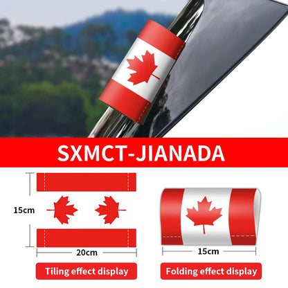Car handle cover with Canadian flag design and measurement details on a blurred background