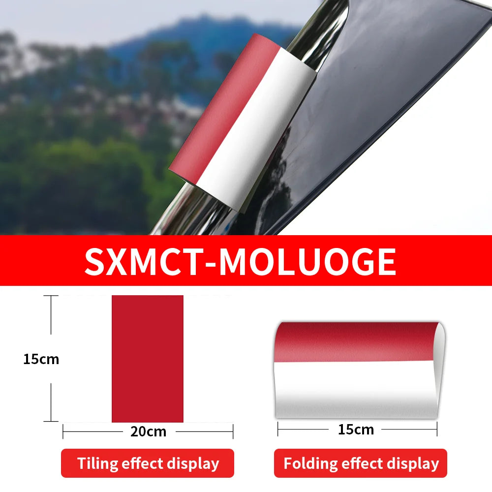 Car handle protector with red and white design, showing tiling and folding effects, with 'SXMC-T-MOLUOGE' branding.
