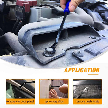 Car interior with a tool being used from  Car Trim Removal Tool Kit