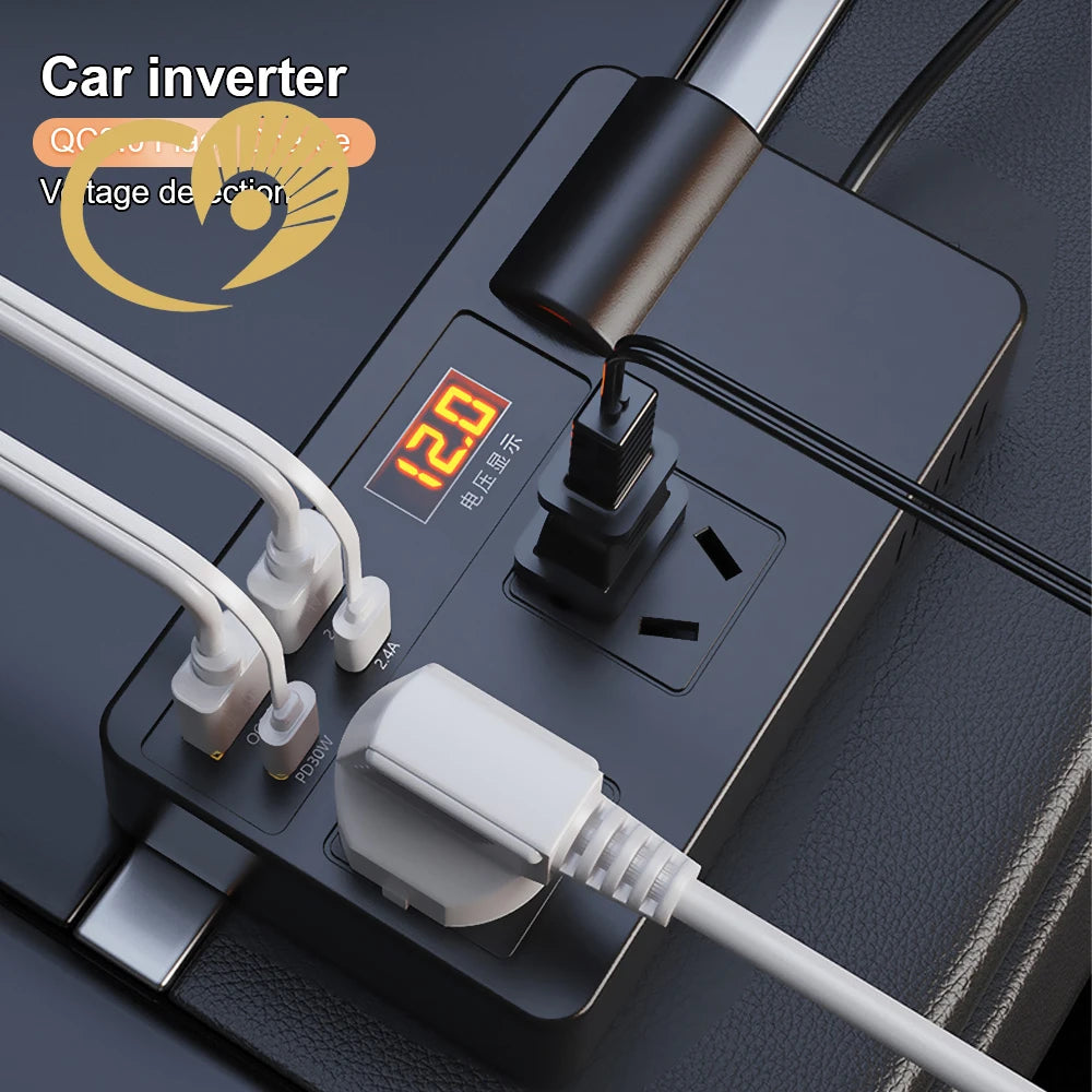 Car inverter with multiple outlets and cables on a dark background