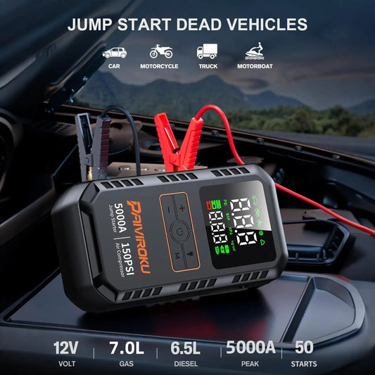 Car jump starter with digital display in a car's open hood, showing battery levels.