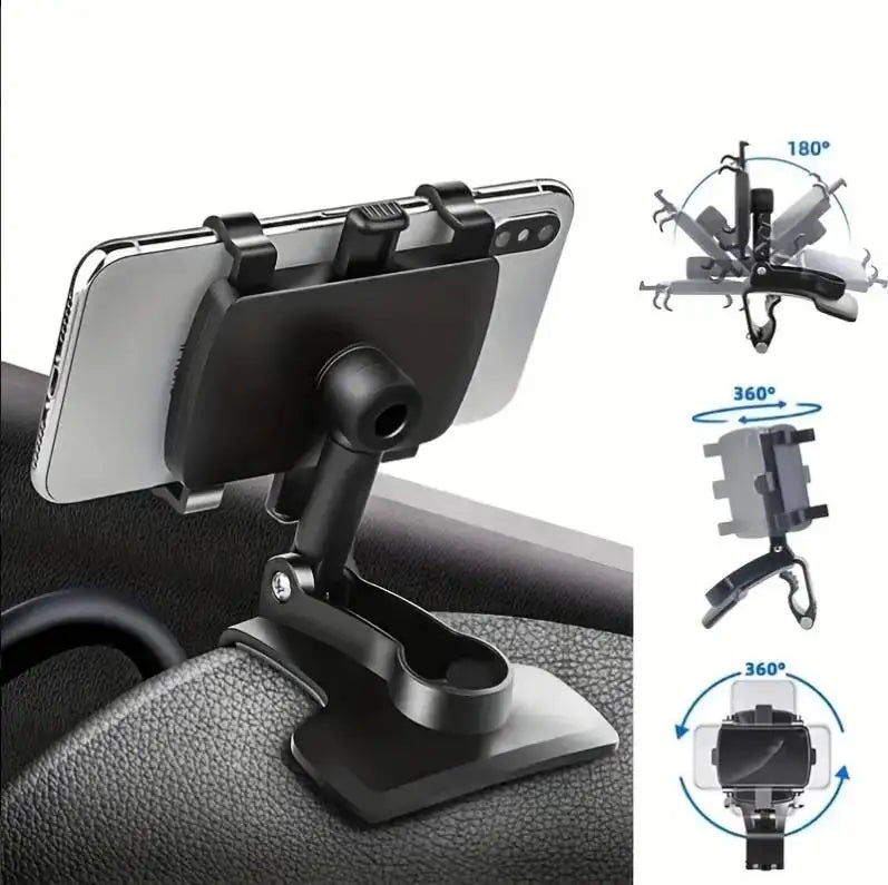 Car phone holder with 360-degree rotation feature on a white background