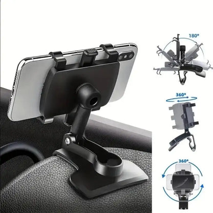 Car phone holder with 360-degree rotation feature on a white background