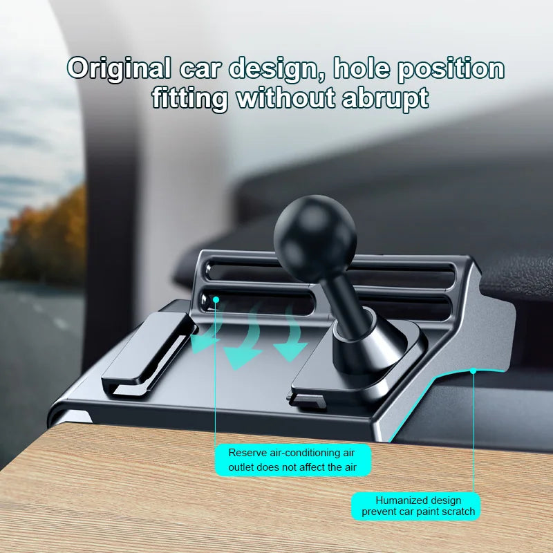 Car phone holder with air conditioning outlet cover and text on car interior