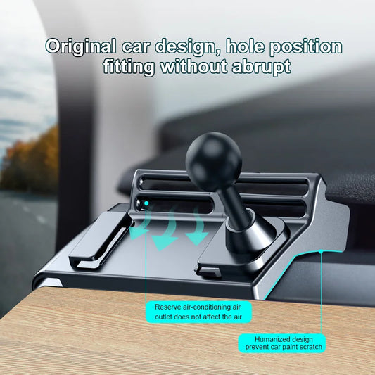 Car phone holder with air conditioning outlet cover and text on car interior