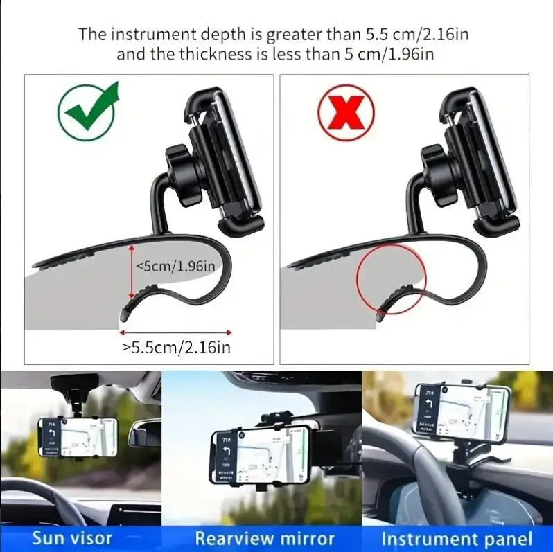 Car phone holder with size guidelines and installation options on a white background