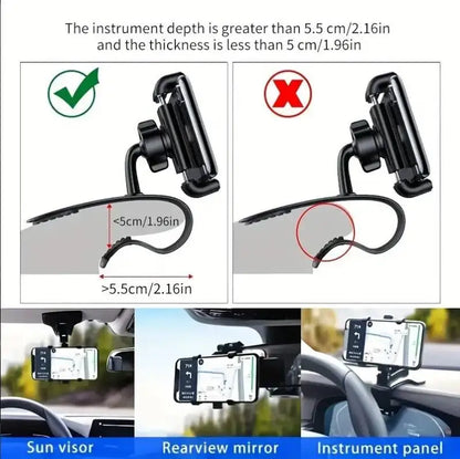Car phone holder with size guidelines and installation options on a white background