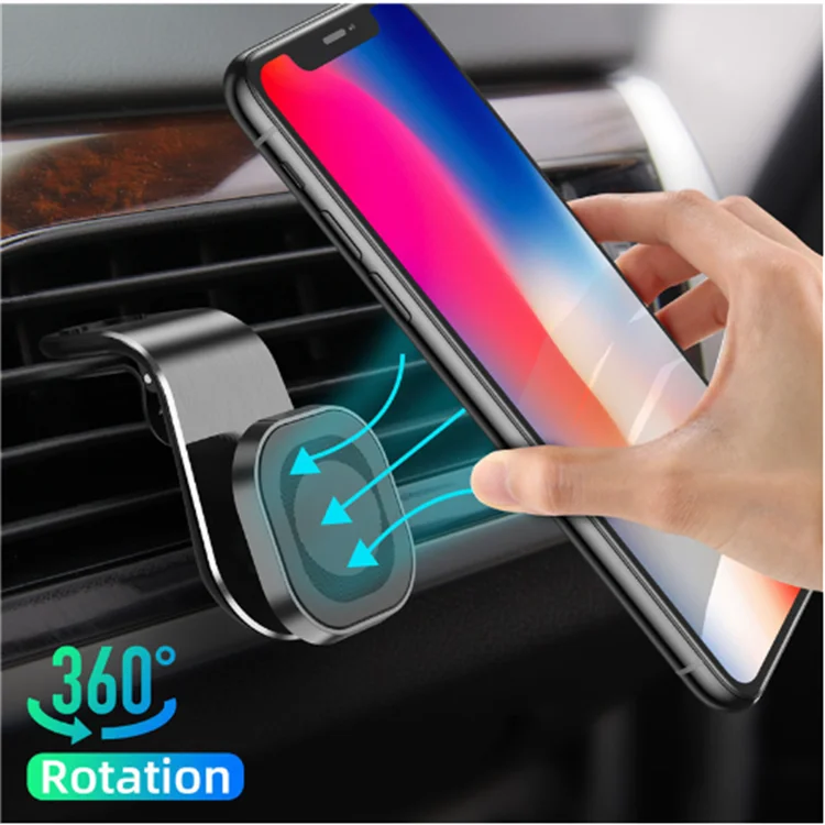 Car phone holder with smartphone displaying colorful screen, hand holding phone, and '360° Rotation' 