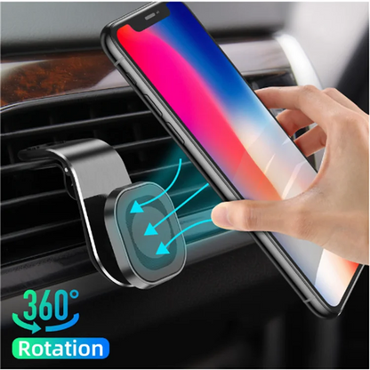 Car phone holder with smartphone displaying colorful screen, hand holding phone, and '360° Rotation' 