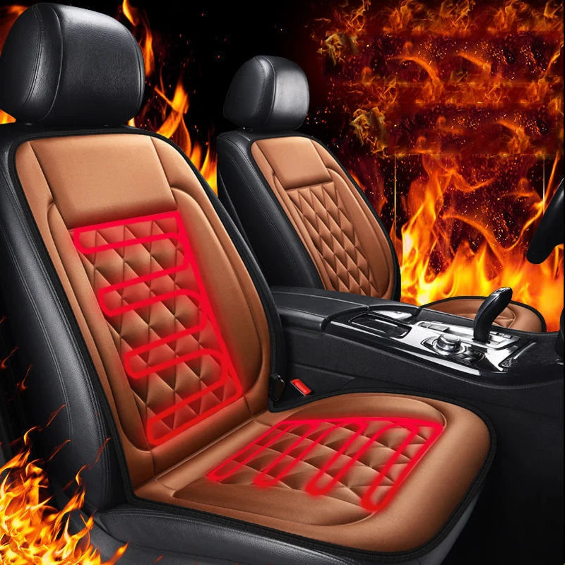 Car seat covers with heating elements on flames background