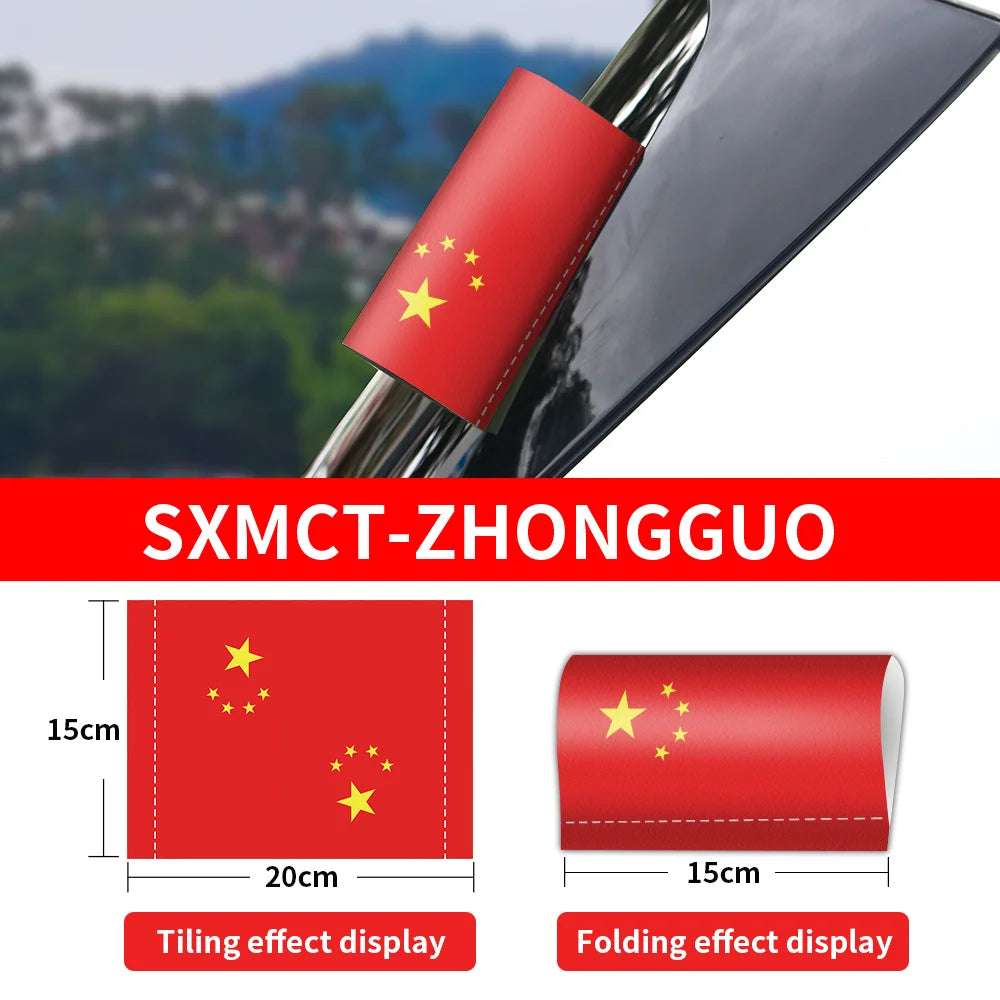 Car steering wheel cover with Chinese flag design and product dimensions displayed.