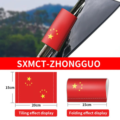 Car steering wheel cover with Chinese flag design and product dimensions displayed.