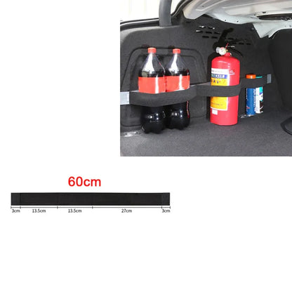 Car trunk organizer with bottles and a fire extinguisher, showing measurement of 60cm.