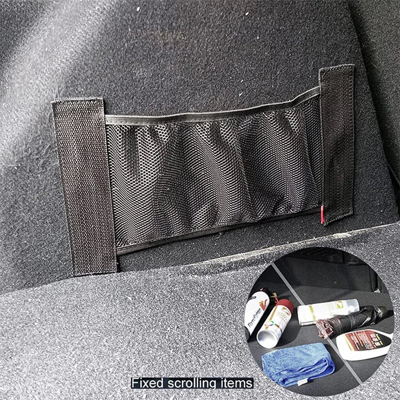 Car trunk organizer with items inside on a car interior background