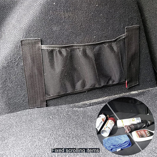 Car trunk organizer with items inside on a car interior background