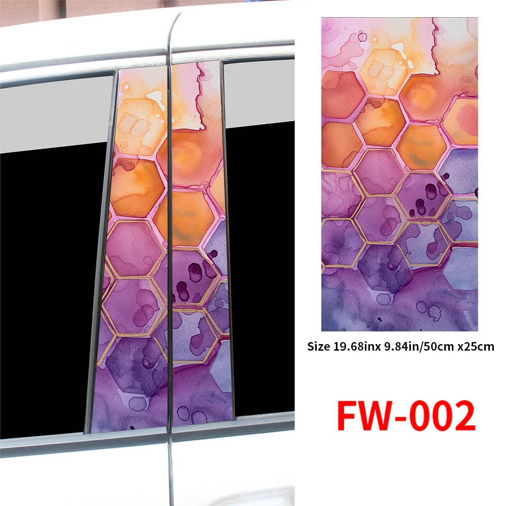 Colorful geometric patterned car decal on a vehicle with size and model number displayed.