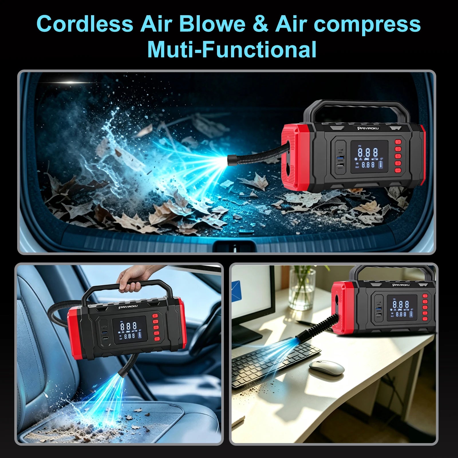 Cordless air blower and multi-functional portable air compressor shown in a collage with three use cases: clearing debris through a car trunk, cleaning a car seat, and blowing dust at a desk. The device is red and black with a digital display screen and a carrying handle.