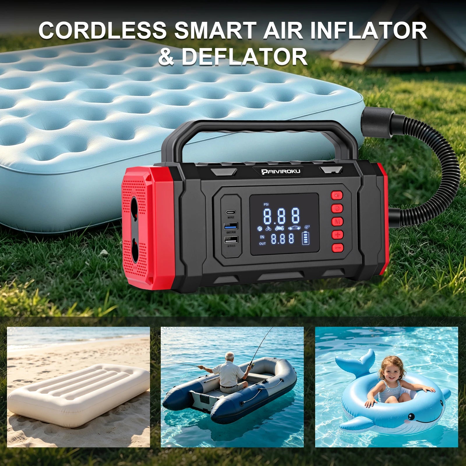 Cordless smart air inflator and deflator shown outdoors on grass with a light blue inflatable mattress, plus three small lifestyle inset scenes showing use on sand, in a boat, and on a pool float. The main product is a black and red portable inflator with a digital display and hose attachment.