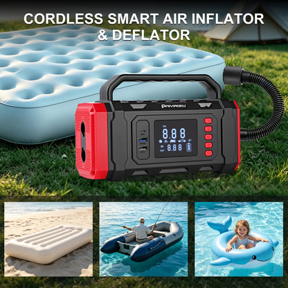 Cordless smart air inflator and deflator shown outdoors on grass with a light blue inflatable mattress, plus three small lifestyle inset scenes showing use on sand, in a boat, and on a pool float. The main product is a black and red portable inflator with a digital display and hose attachment.