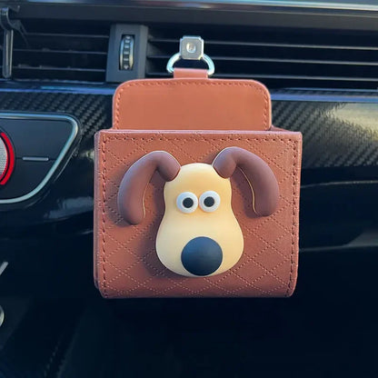 Cute Cartoon Dog Car Vent Storage Box PU Leather Organizer Brown