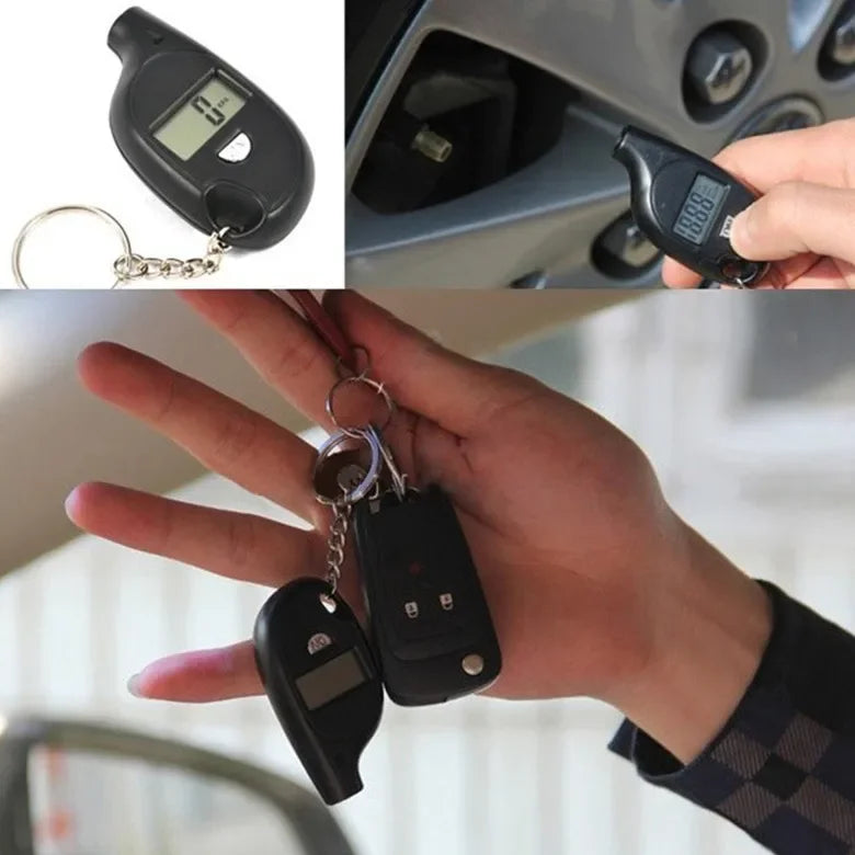 Digital tire pressure monitor with keychain, used for checking tire pressure.