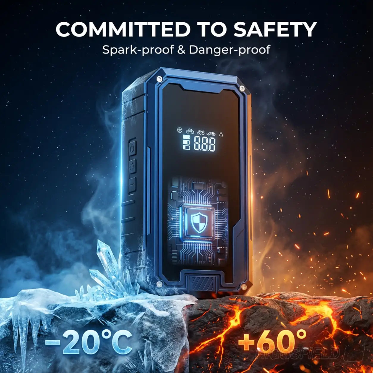 Electronic device with digital display on a background of ice and fire, emphasizing safety features.