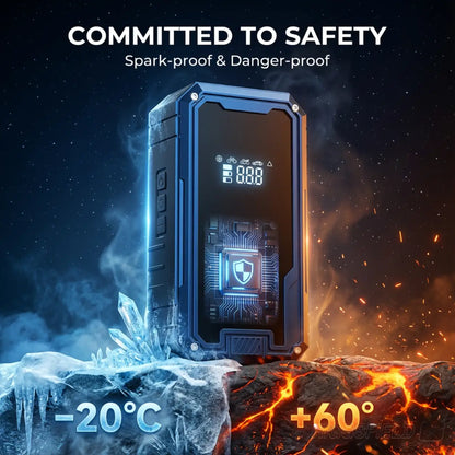 Electronic device with digital display on a background of ice and fire, emphasizing safety features.