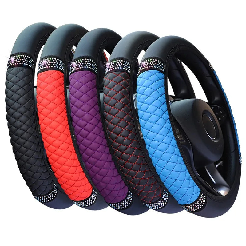 Five views of a steering wheel with colorful covers in blue, purple, red, and black.