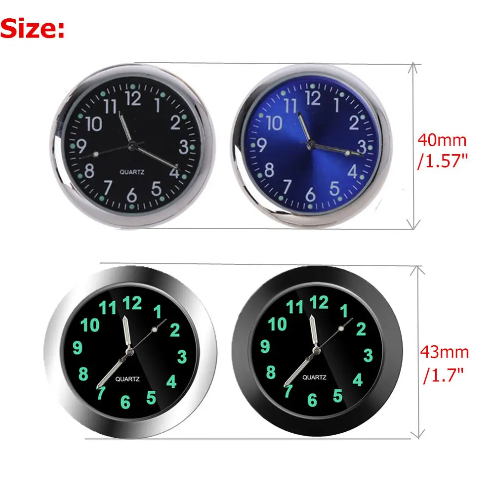 Four different colored clocks with size measurements on a white background