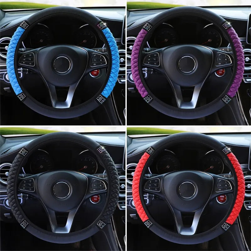 Four views of a steering wheel with colorful covers in blue, purple, red, and black.