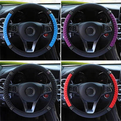 Four views of a steering wheel with colorful covers in blue, purple, red, and black.