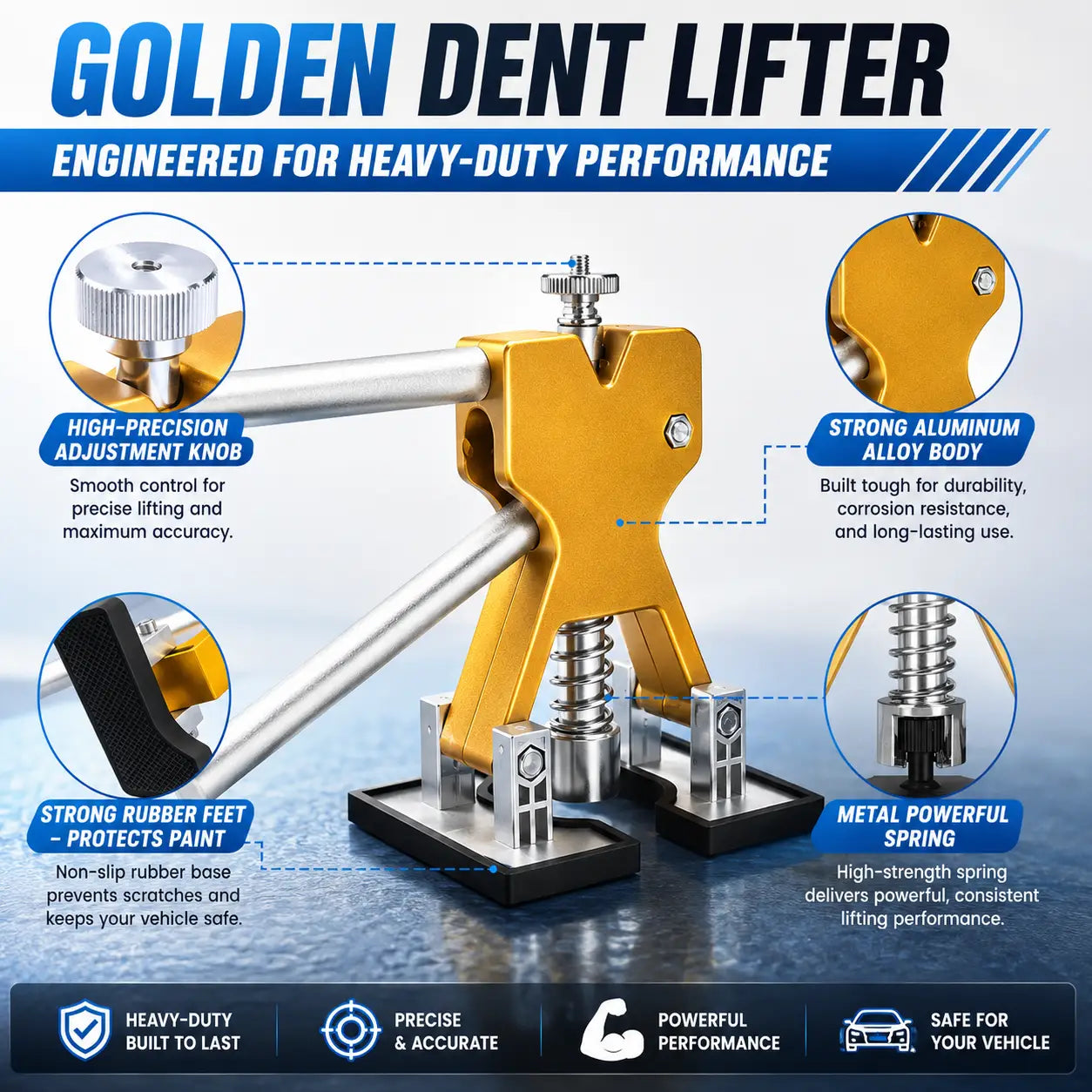Gold and silver manual dent lifter tool with a long handle, shown on a blue gradient background with callout graphics and text highlighting features such as high-precision adjustment knob, aluminum alloy body, rubber feet, and metal spring.