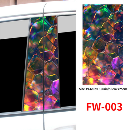 Holographic car wrap with a colorful, iridescent pattern on a vehicle window, with size and code FW-003 displayed.