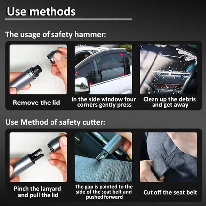 Instructions on using a safety hammer and cutter for car window breaking and seat belt cutting.