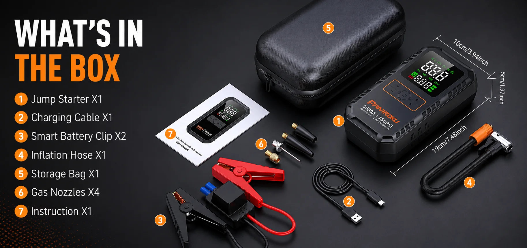Load video: Be prepared for unexpected roadside emergencies with the Autoxmatch Paiviroku 5000A 4-in-1 Car Jump Starter Kit. Combining a powerful 5000A peak jump starter, 150 PSI air compressor, portable power bank, and LED emergency light in one compact device, this all-in-one solution is an essential companion for every vehicle. Whether you're dealing with a dead battery or a low tire, you'll have the tools you need to get back on the road quickly and safely.