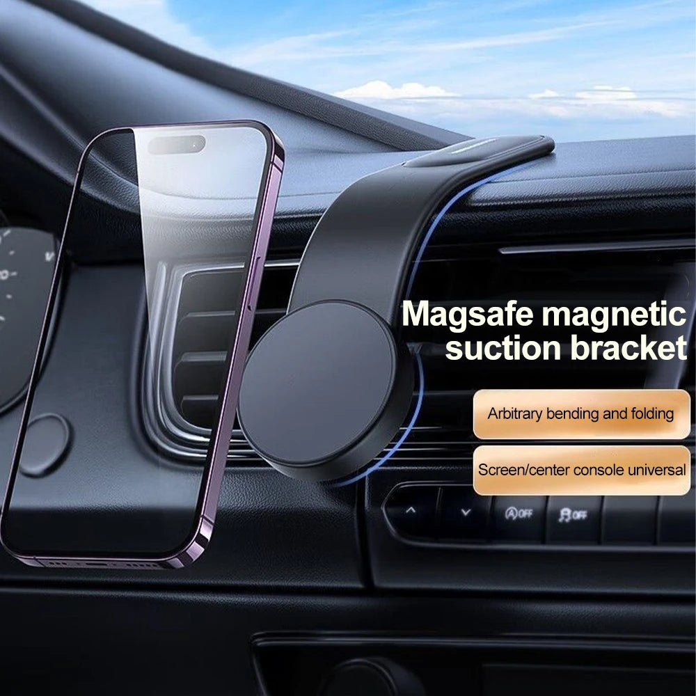 Magsafe magnetic suction bracket on a car dashboard with phone and screen protector.