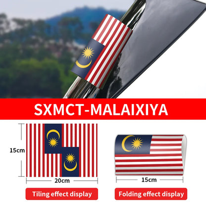 Malaysian flag car mirror cover with measurements and display effects shown.
