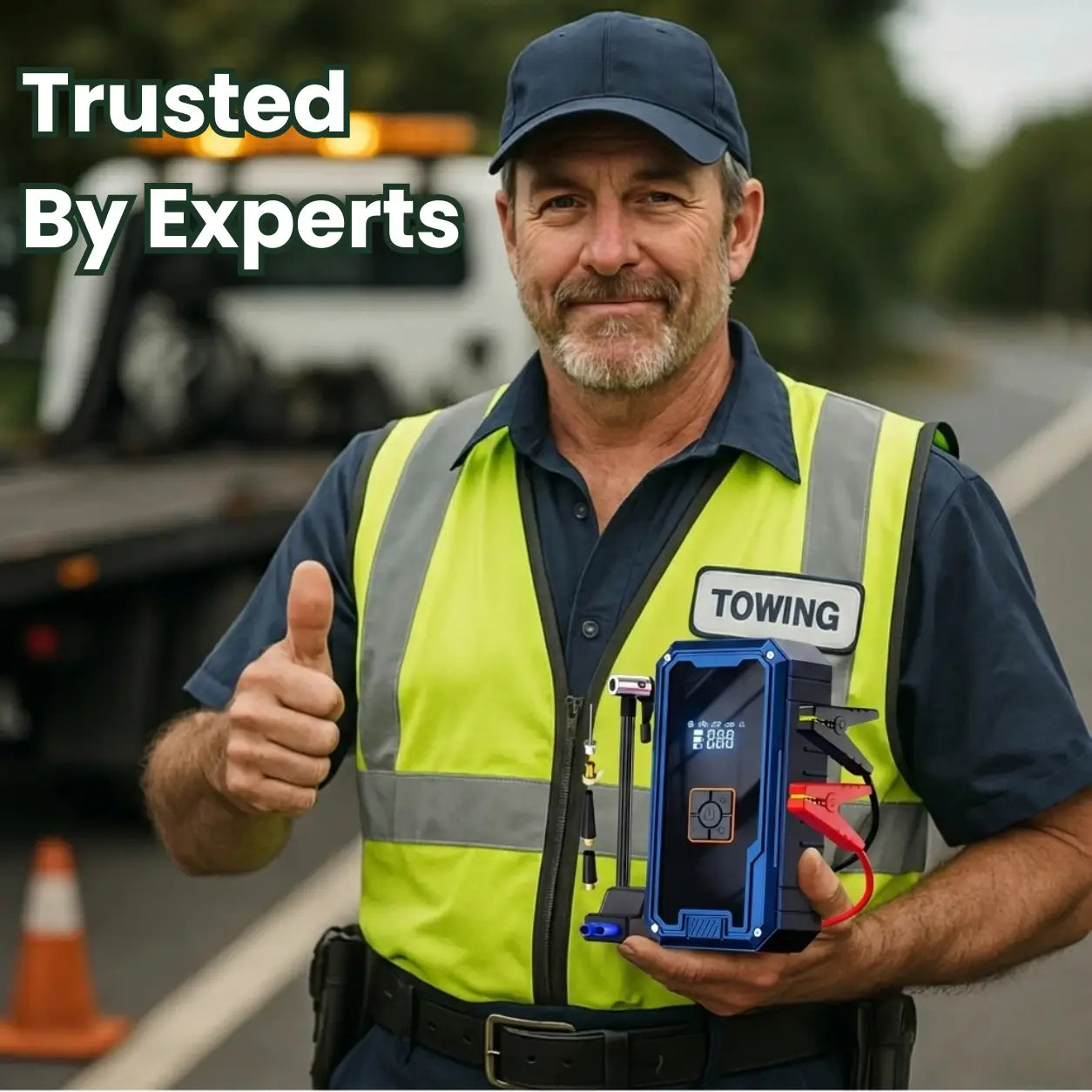 Man in a high-visibility vest holding a towing device with text 'Trusted By Experts' and a blurred tow truck in the background.