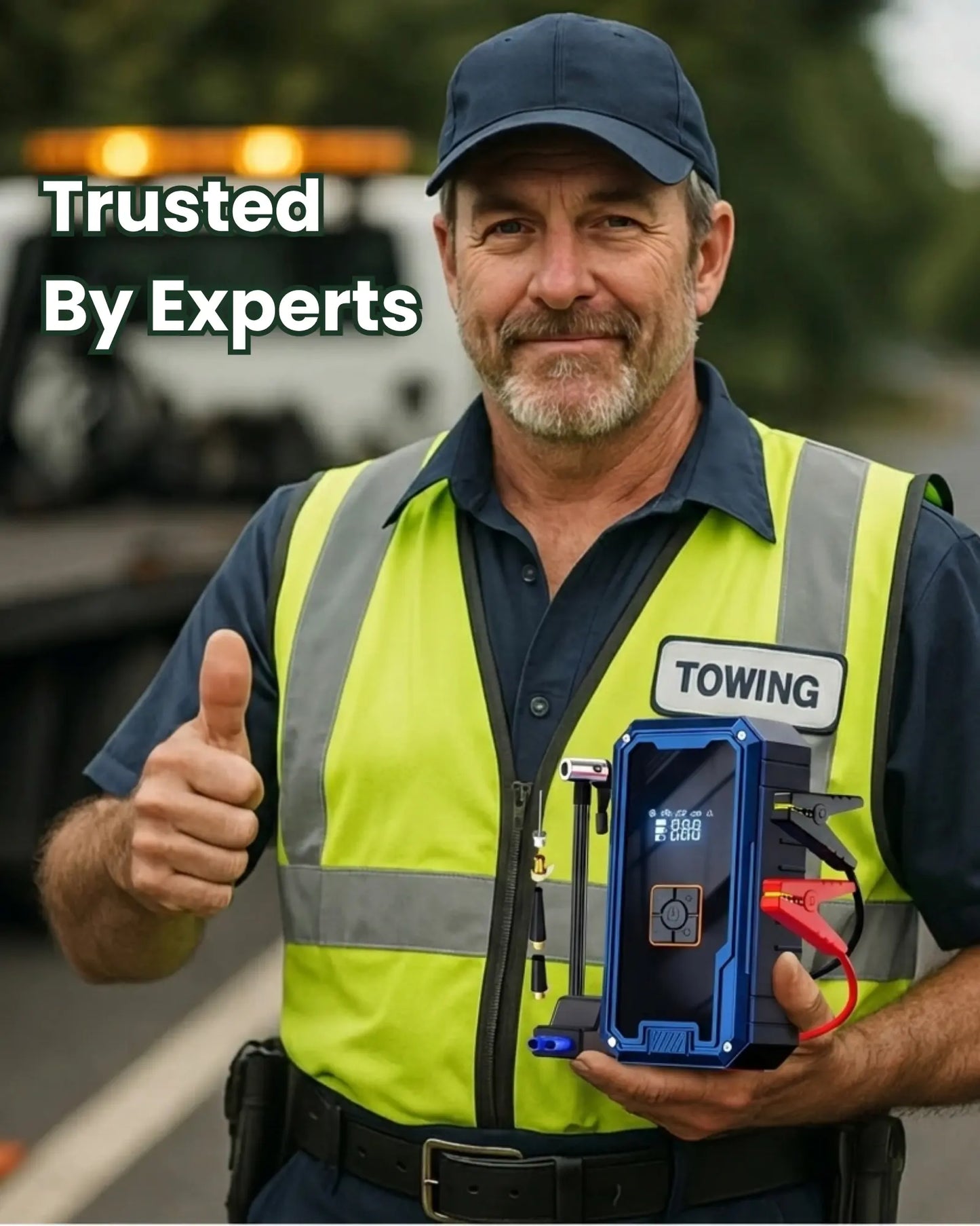 Man in a towing uniform holding a blue device with 'Towing' on his vest, thumbs up, with text 'Trusted By Experts'.