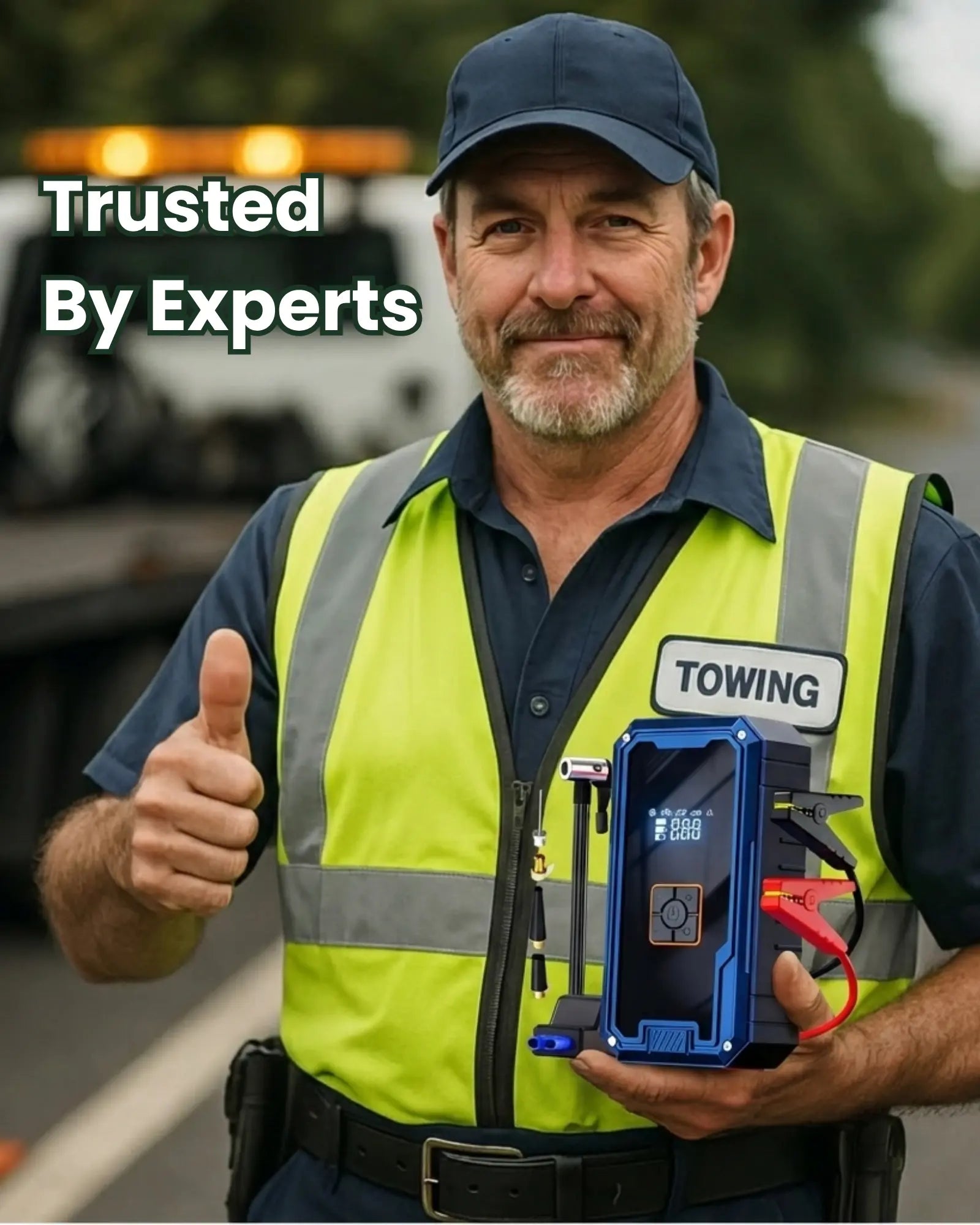 Man in a towing uniform holding a blue device with 'Towing' on his vest, thumbs up, with text 'Trusted By Experts'.