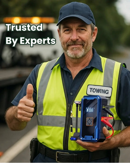 Man in a towing uniform holding a blue device with 'Towing' on his vest, thumbs up, with text 'Trusted By Experts'.