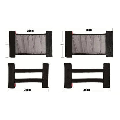 Measurement chart of black mesh panels with dimensions on a white background