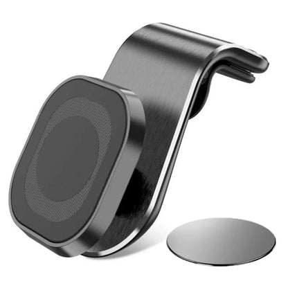 Metallic car phone holder with a small round disc on a white background