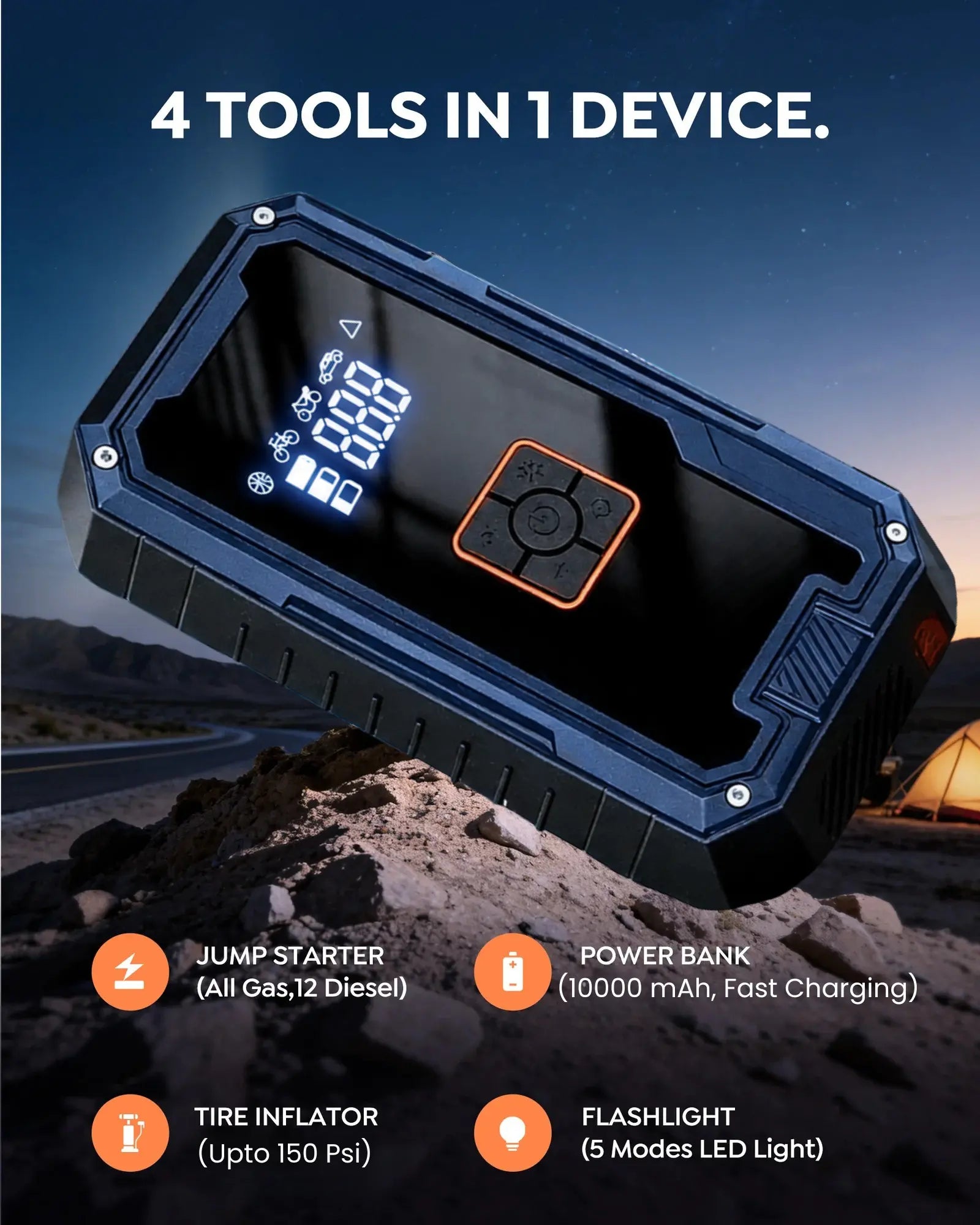 Multifunctional device with jump starter, power bank, tire inflator, and flashlight features on a desert road background.