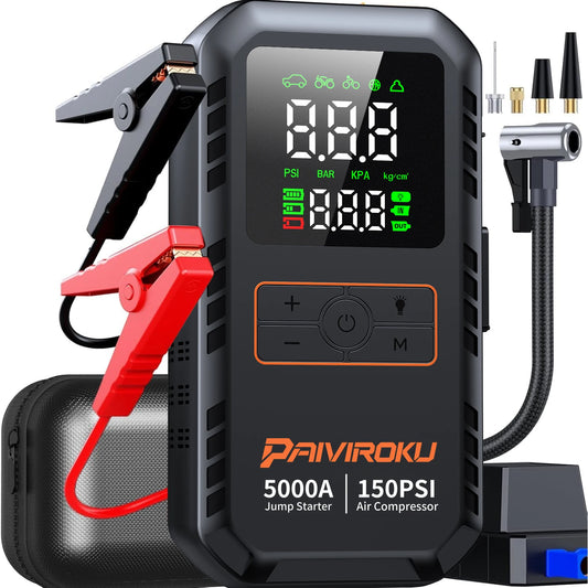 Multifunctional jump starter and air compressor with digital display on a white background