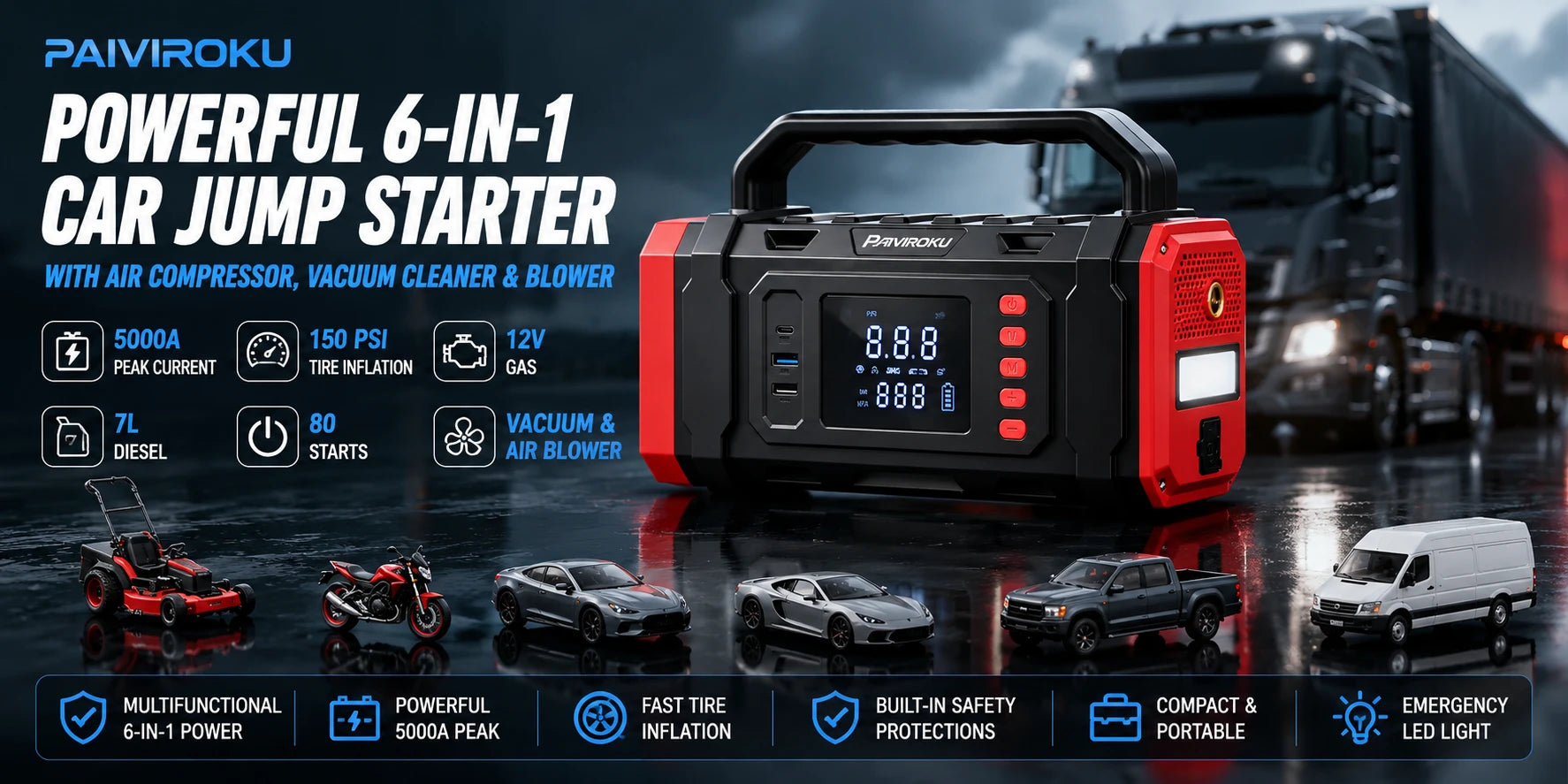 Autoxmatch Paiviroku 6-in-1 Car Jump Starter with Vacuum Cleaner