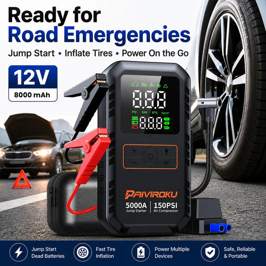 A digital 12V portable jump starter and tire inflator shown on a road with a car wheel, another car, and dashboard emergency icons. The device has red and black clamps, a black body with a digital display, and text including 'PAVIROKU' and '5000A 150PSI Air Compressor'.
