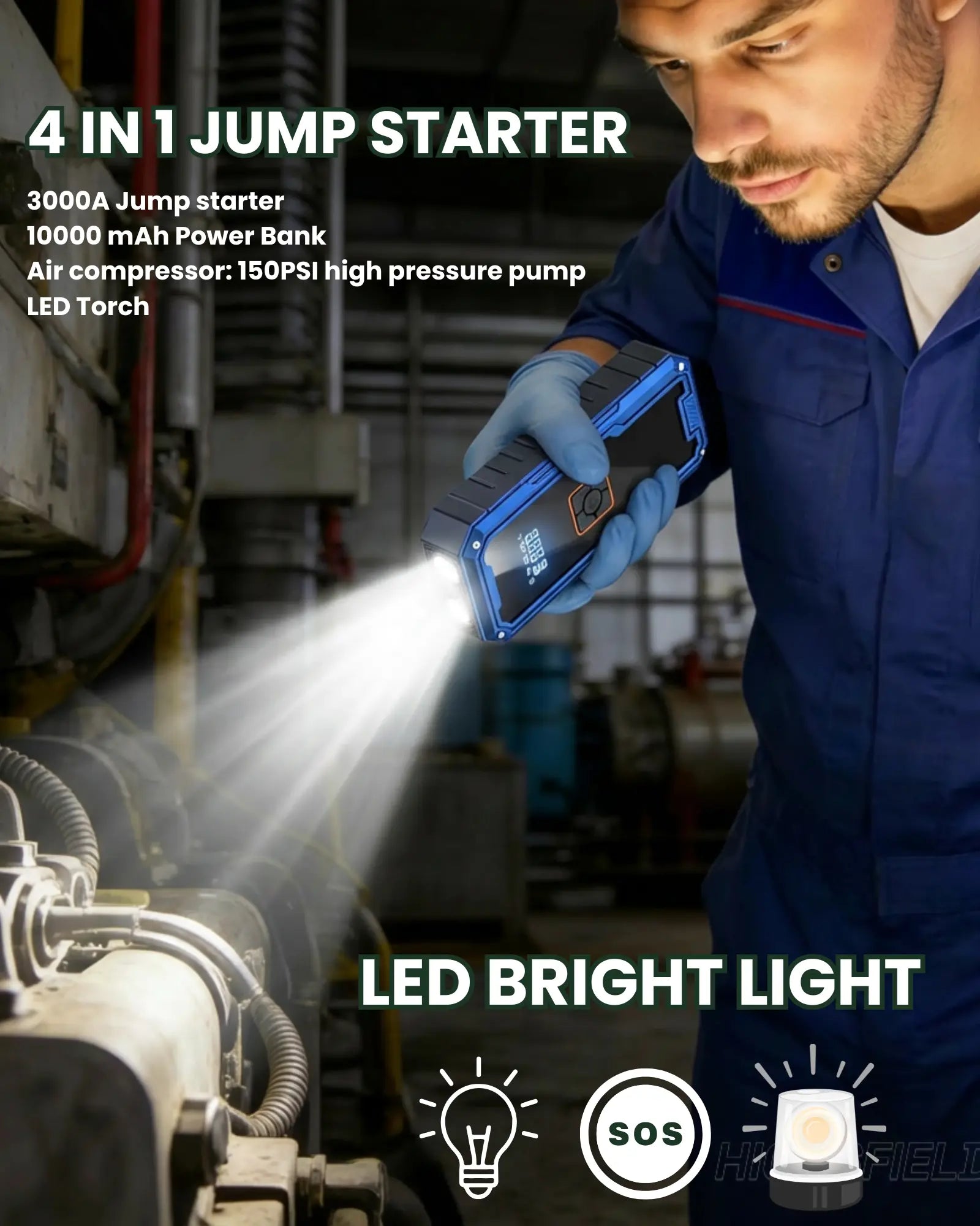 Person using a 4-in-1 jump starter with LED light, power bank, air compressor, and torch in a workshop setting.