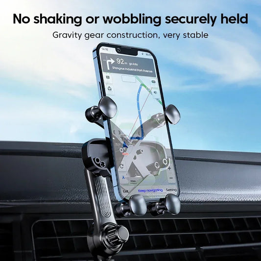 Phone holder on car dashboard with phone displaying navigation app, text 'No shaking or wobbling securely held' and 'Gravity gear construction, very stable'.